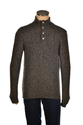 Fedeli Wool-Cashmere Marled Turtleneck Knit Quarter Button Up Sweater