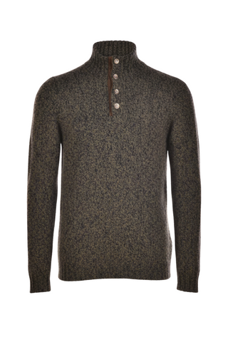 Fedeli Wool-Cashmere Marled Turtleneck Knit Quarter Button Up Sweater
