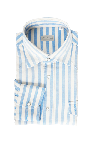Sartorio Jumbo Pinstripe Denim Snap Button Cotton Overshirt