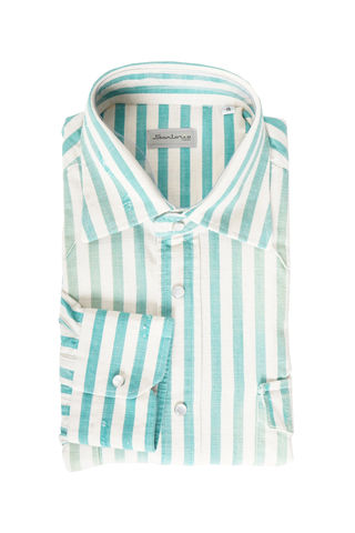 Sartorio Jumbo Pinstripe Denim Snap Button Cotton Overshirt