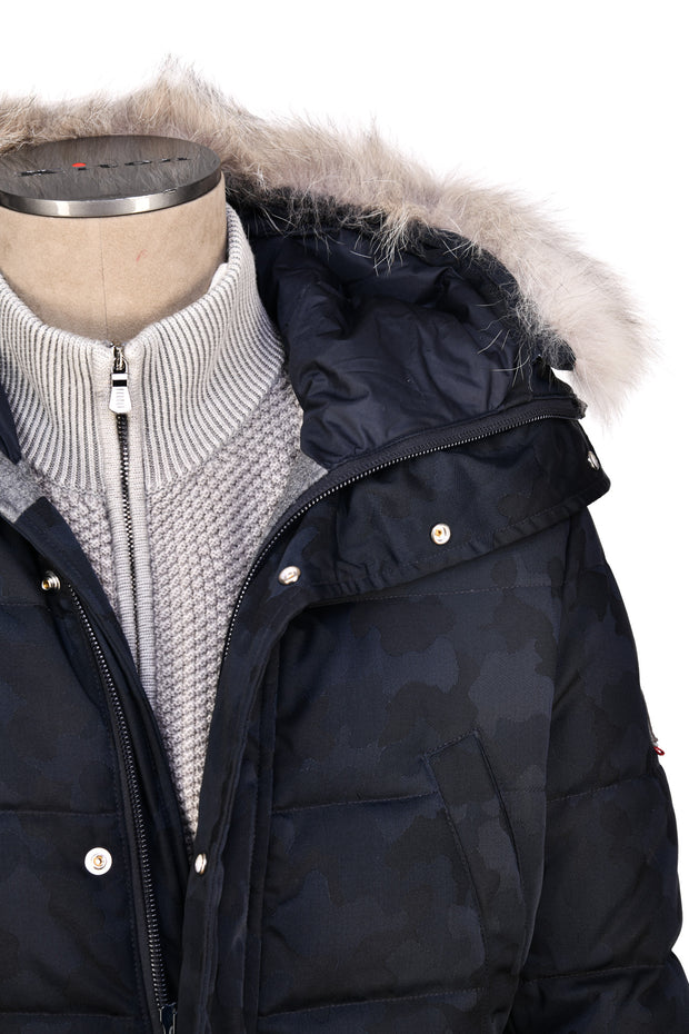Eleventy Camo Nylon-Wool Coat w/ Removable Coyote Fur Trim Hood