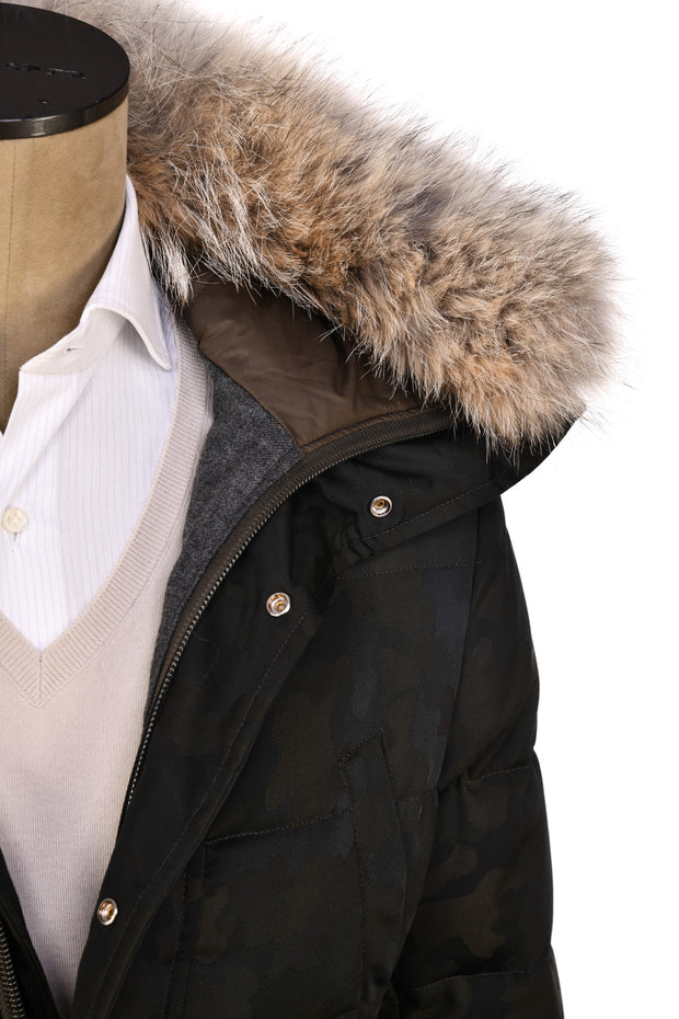 Eleventy Camo Nylon-Wool Coat w/ Removable Coyote Fur Trim Hood