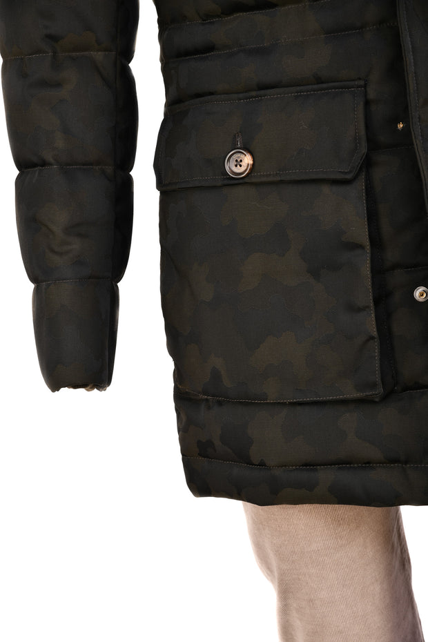 Eleventy Camo Nylon-Wool Coat w/ Removable Coyote Fur Trim Hood