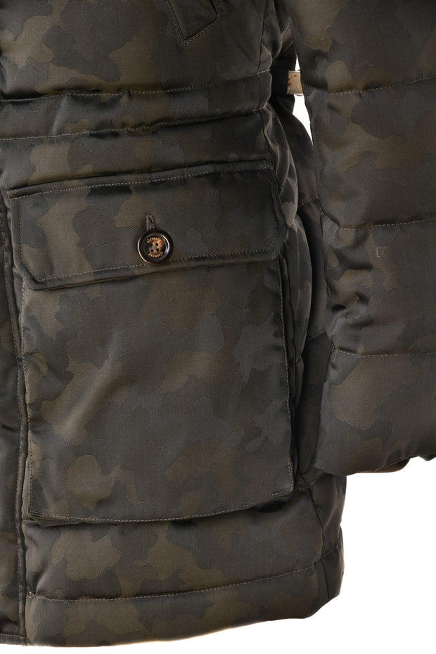 Eleventy Camo Nylon-Wool Coat w/ Removable Coyote Fur Trim Hood