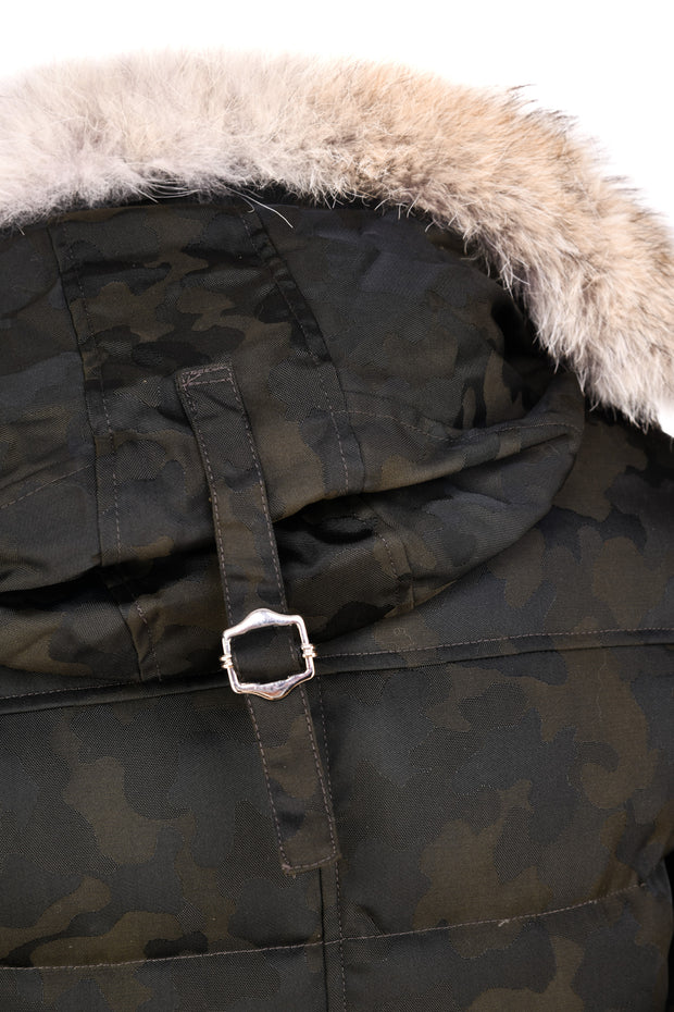 Eleventy Camo Nylon-Wool Coat w/ Removable Coyote Fur Trim Hood