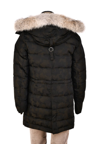 Eleventy Camo Nylon-Wool Coat w/ Removable Coyote Fur Trim Hood