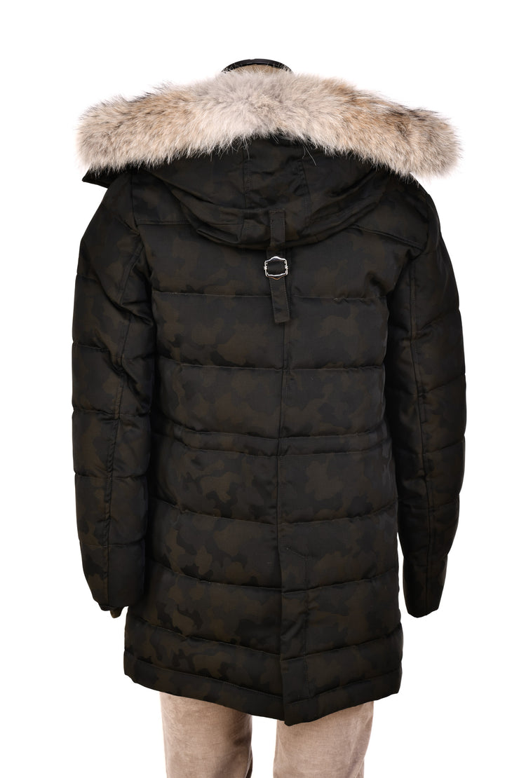 Eleventy Camo Nylon-Wool Coat w/ Removable Coyote Fur Trim Hood