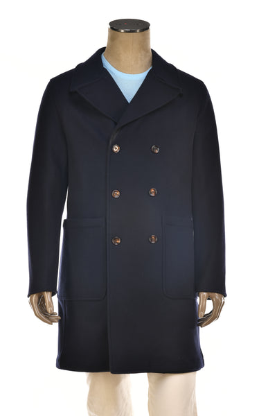 Kired Gyala Solid/ Pinstripe Nylon-Virgin Wool Double-Breasted Reversible Overcoat