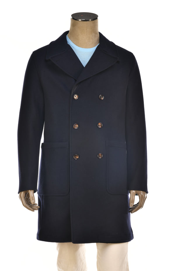 Kired Gyala Solid/ Pinstripe Nylon-Virgin Wool Double-Breasted Reversible Overcoat