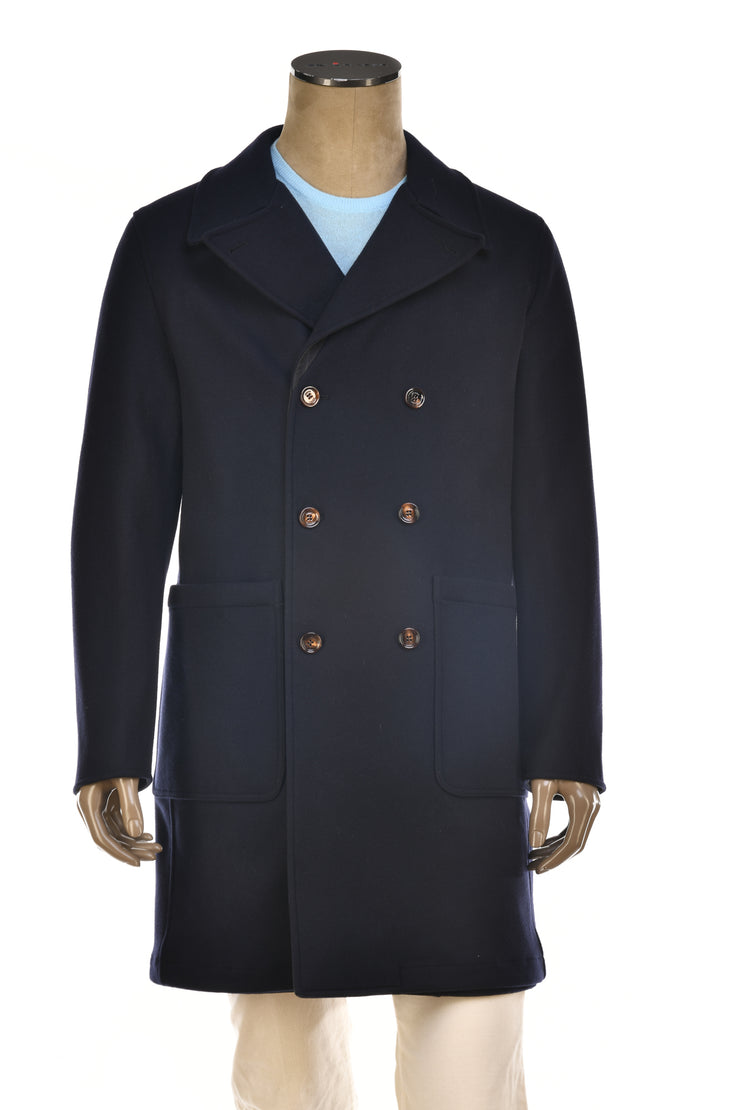 Kired Gyala Solid/ Pinstripe Nylon-Virgin Wool Double-Breasted Reversible Overcoat