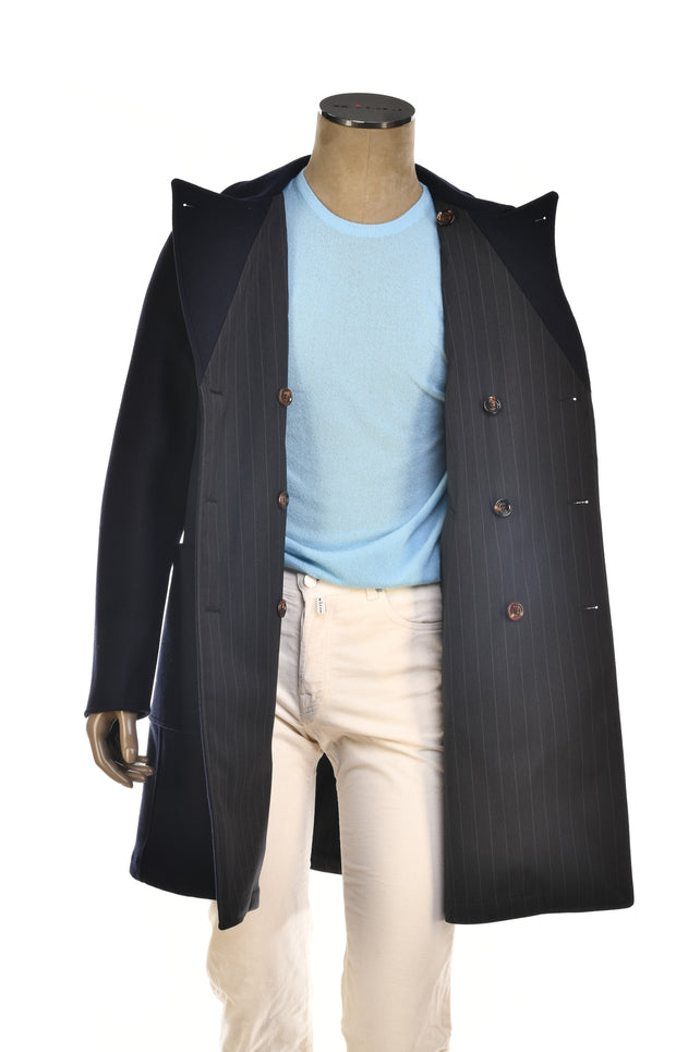 Kired Gyala Solid/ Pinstripe Nylon-Virgin Wool Double-Breasted Reversible Overcoat
