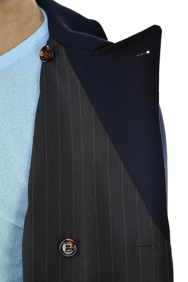 Kired Gyala Solid/ Pinstripe Nylon-Virgin Wool Double-Breasted Reversible Overcoat