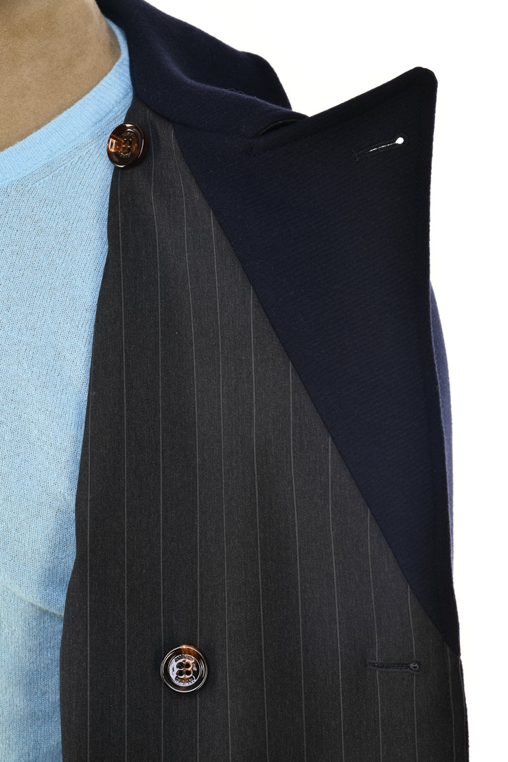 Kired Gyala Solid/ Pinstripe Nylon-Virgin Wool Double-Breasted Reversible Overcoat
