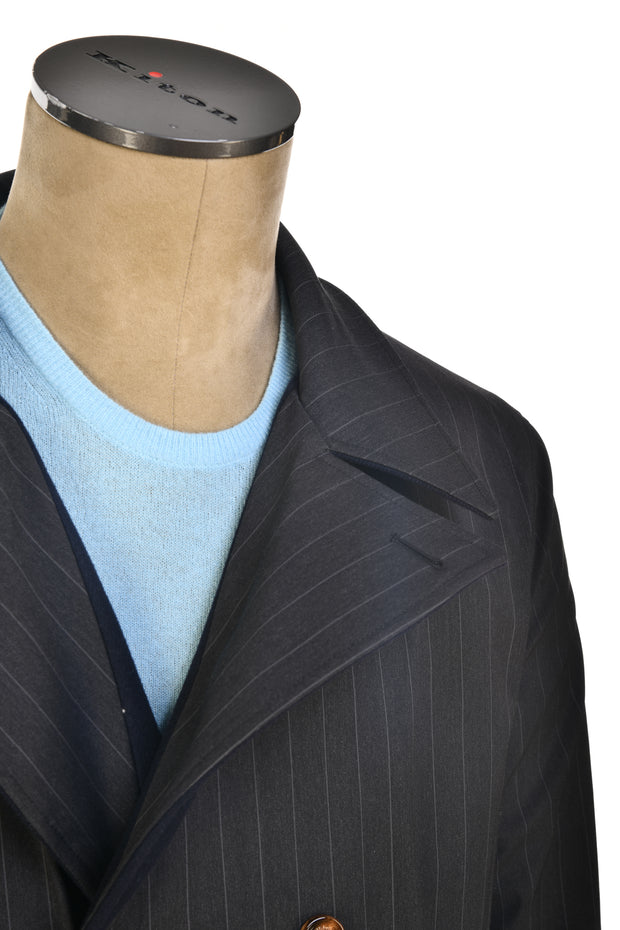 Kired Gyala Solid/ Pinstripe Nylon-Virgin Wool Double-Breasted Reversible Overcoat