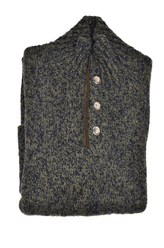 Fedeli Wool-Cashmere Marled Turtleneck Knit Quarter Button Up Sweater