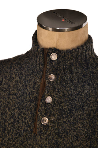 Fedeli Wool-Cashmere Marled Turtleneck Knit Quarter Button Up Sweater