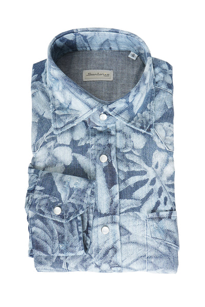Sartorio Floral Denim Snap Button Cotton Overshirt