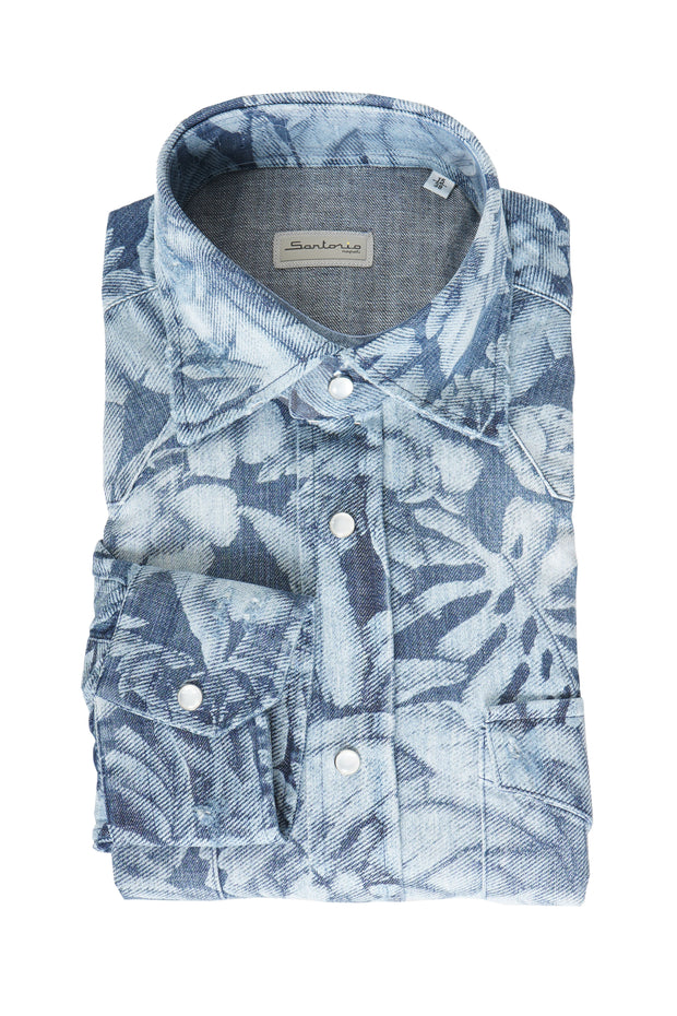 Sartorio Floral Denim Snap Button Cotton Overshirt