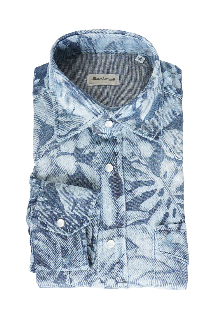 Sartorio Floral Denim Snap Button Cotton Overshirt