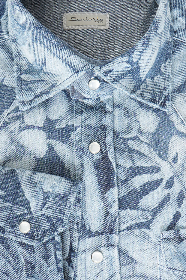 Sartorio Floral Denim Snap Button Cotton Overshirt