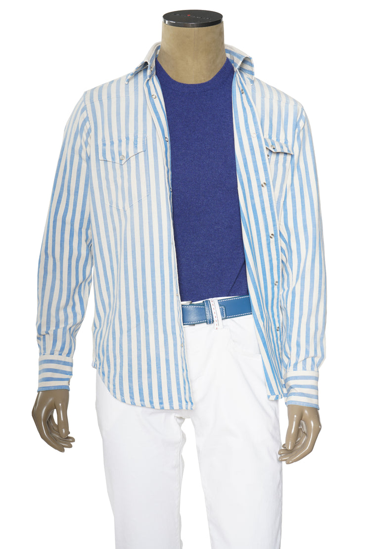 Sartorio Jumbo Pinstripe Denim Snap Button Cotton Overshirt