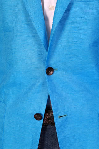 Kiton Sky-Blue Solid Cotton-Linen Sport Jacket