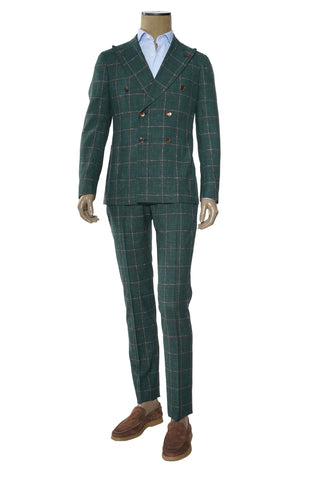 Isaia Double Breasted Double Windowpane Wool-Silk-Linen Suit
