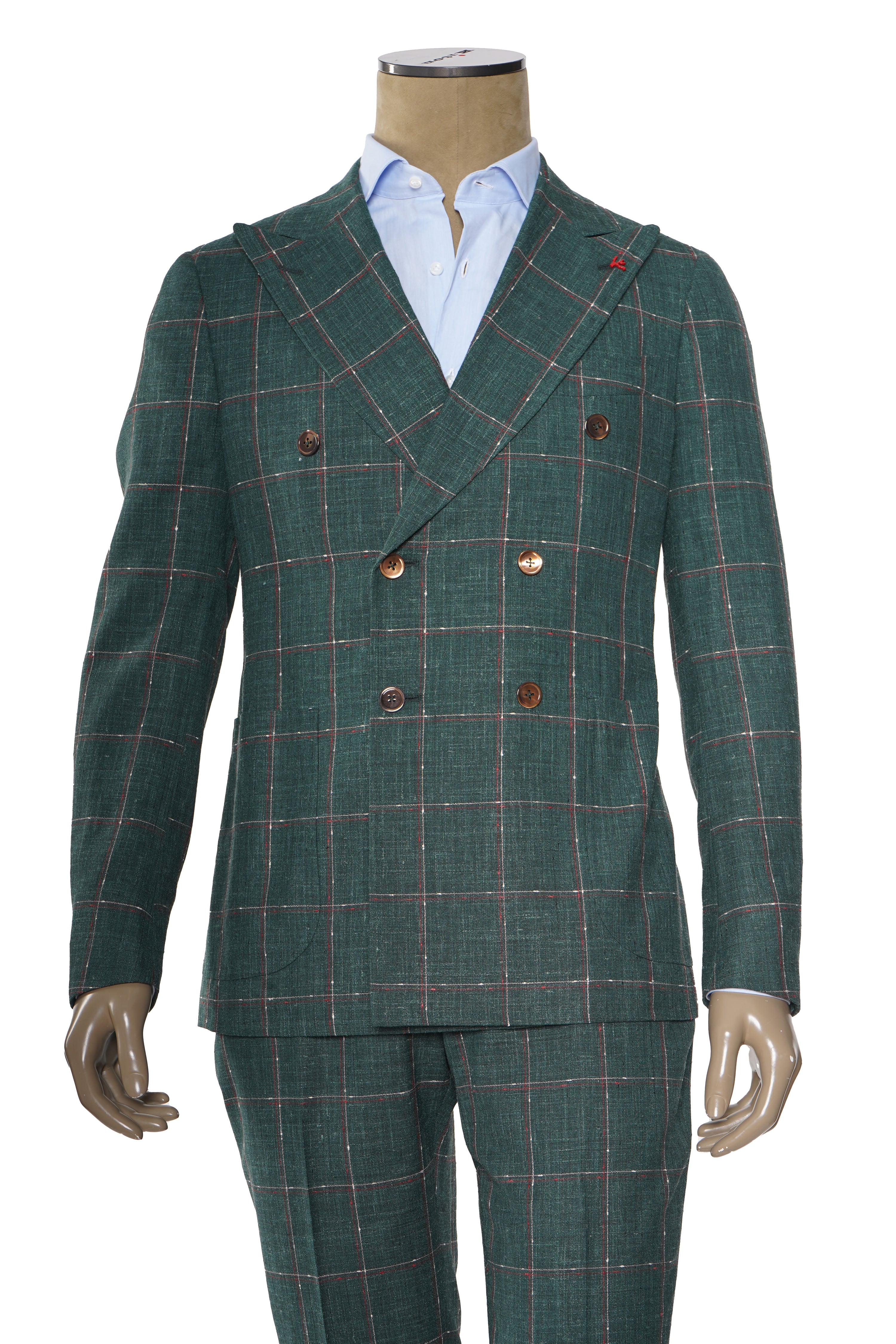 Isaia Double Breasted Double Windowpane Wool-Silk-Linen Suit