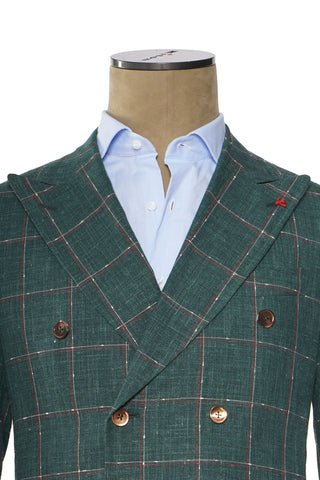 Isaia Double Breasted Double Windowpane Wool-Silk-Linen Suit