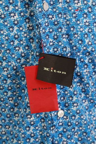 Kiton Blue Floral Cotton Long-Sleeve Dress Shirt