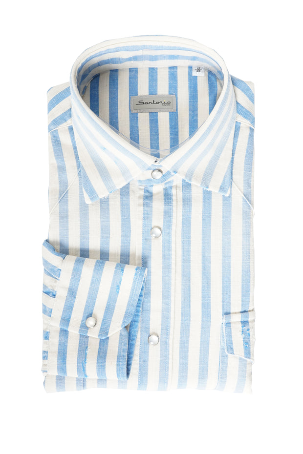 Sartorio Jumbo Pinstripe Denim Snap Button Cotton Overshirt