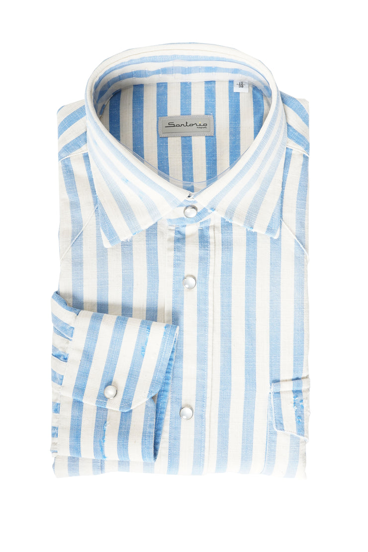 Sartorio Jumbo Pinstripe Denim Snap Button Cotton Overshirt