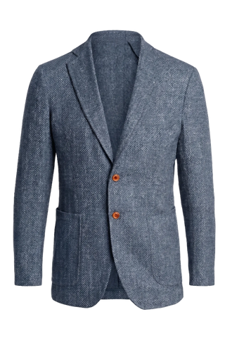 Blue textured blazer with orange buttons