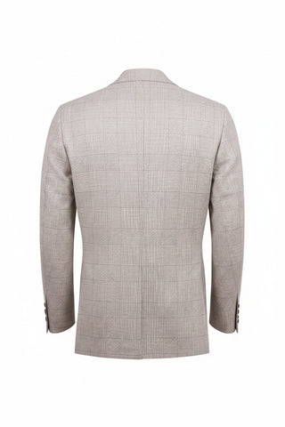 Back view of a light gray checkered blazer on a white background