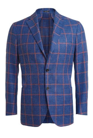 Blue checkered blazer with brown buttons
