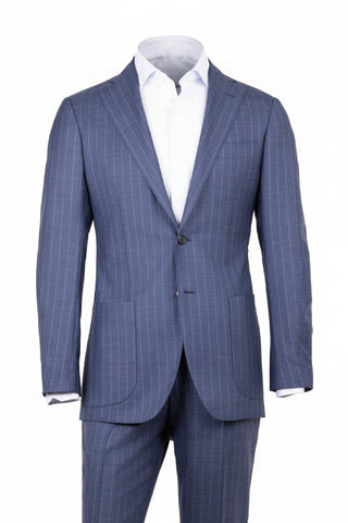 Blue pinstripe suit with white shirt on a white background