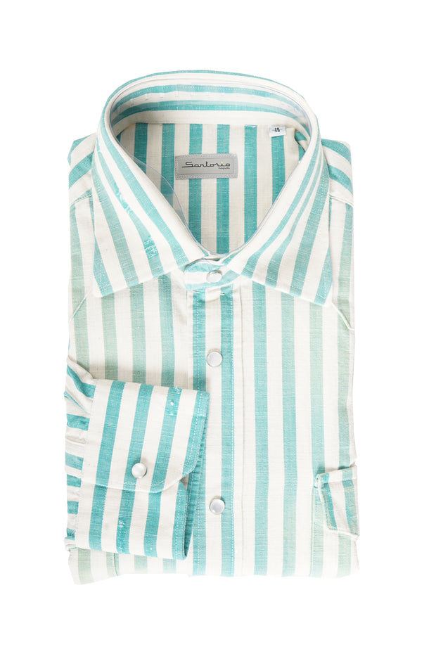 Sartorio Jumbo Pinstripe Denim Snap Button Cotton Overshirt