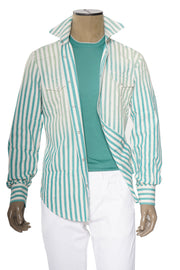 Sartorio Jumbo Pinstripe Denim Snap Button Cotton Overshirt