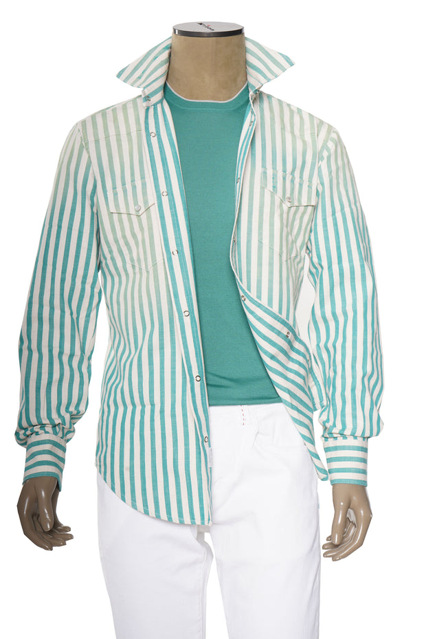 Sartorio Jumbo Pinstripe Denim Snap Button Cotton Overshirt