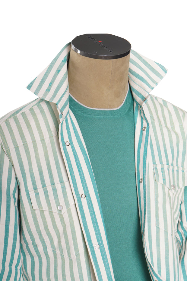 Sartorio Jumbo Pinstripe Denim Snap Button Cotton Overshirt