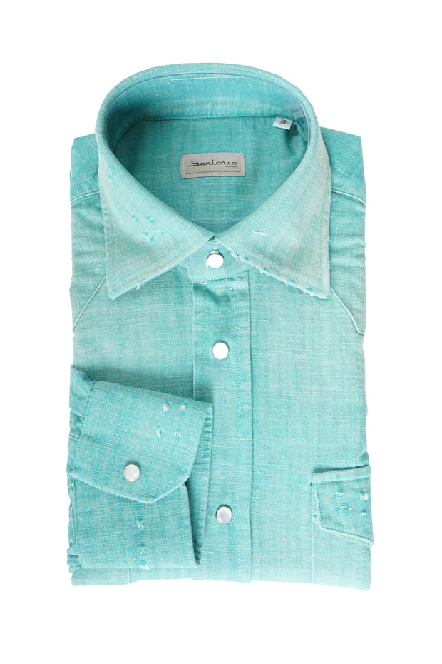 Sartorio Solid Denim Snap Button Cotton Shirt
