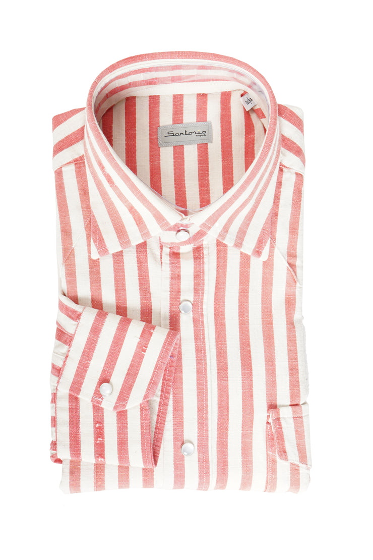 Sartorio Jumbo Pinstripe Denim Snap Button Cotton Overshirt