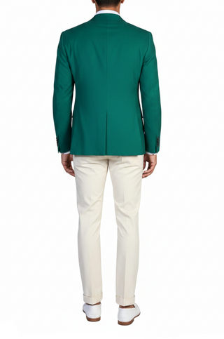 Green blazer and white pants on a white background