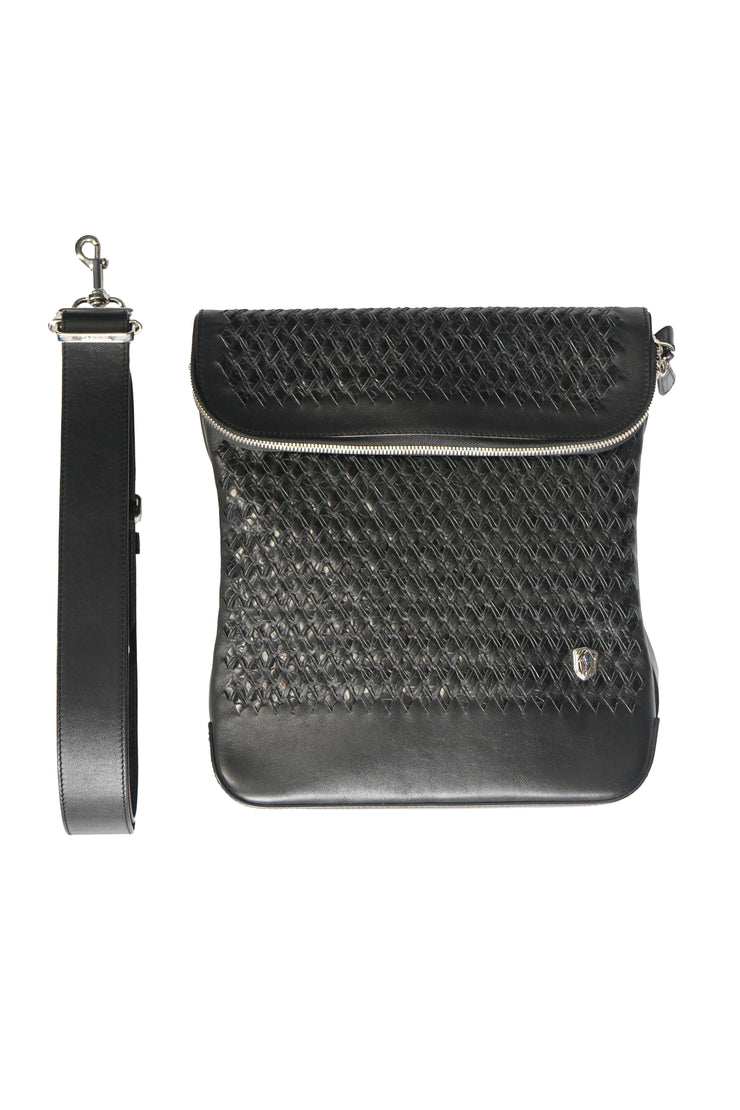Tardini Woven Full-Grain Calfskin-Alligator Leather Messenger Bag