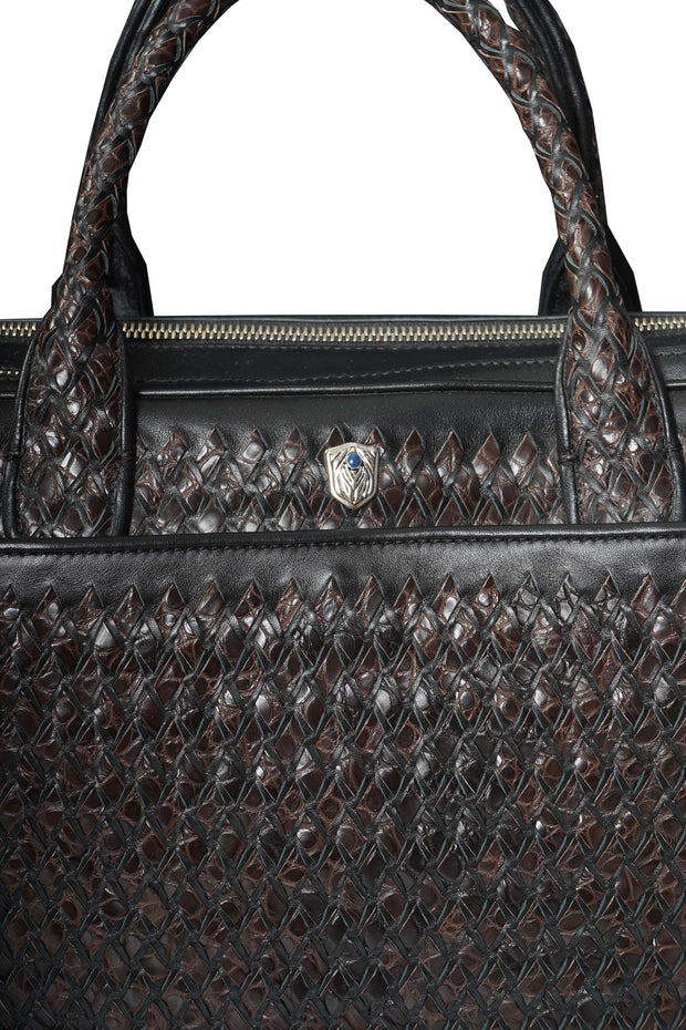 Tardini Woven Full-Grain Calfskin-Alligator Leather Briefcase Bag