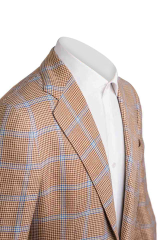 Brown checkered blazer on a mannequin with a white shirt underneath