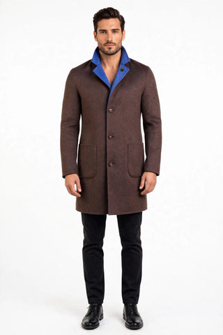 Brown PARANA1 overcoat with blue collar on model