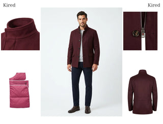 Burgundy Kired coat on model with fabric details