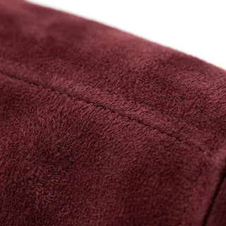 Burgundy suede collar close-up — different fabric from wool body
