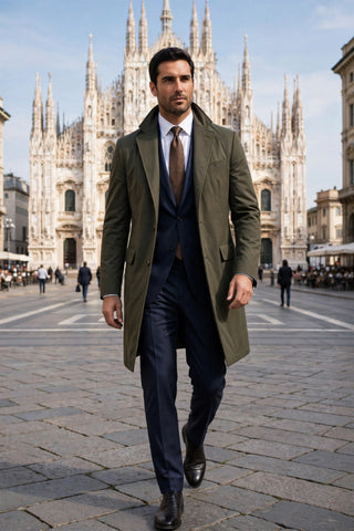 Kired Teon Overcoat Olive Green — model at Milan Duomo